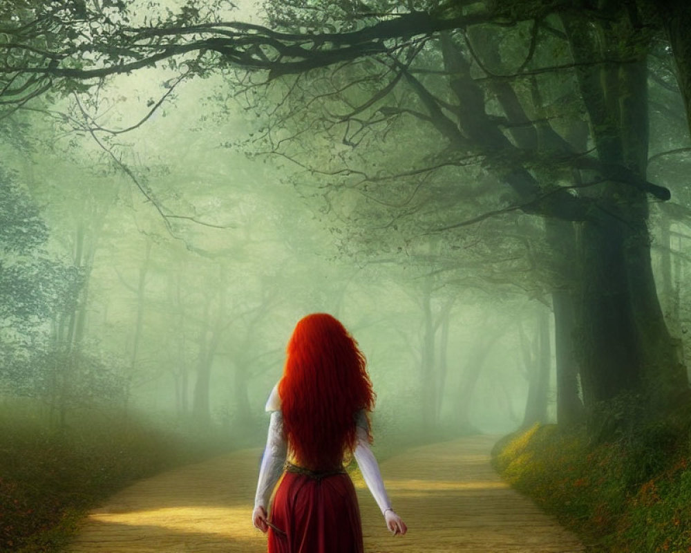 Red-haired person walking in misty forest among green trees