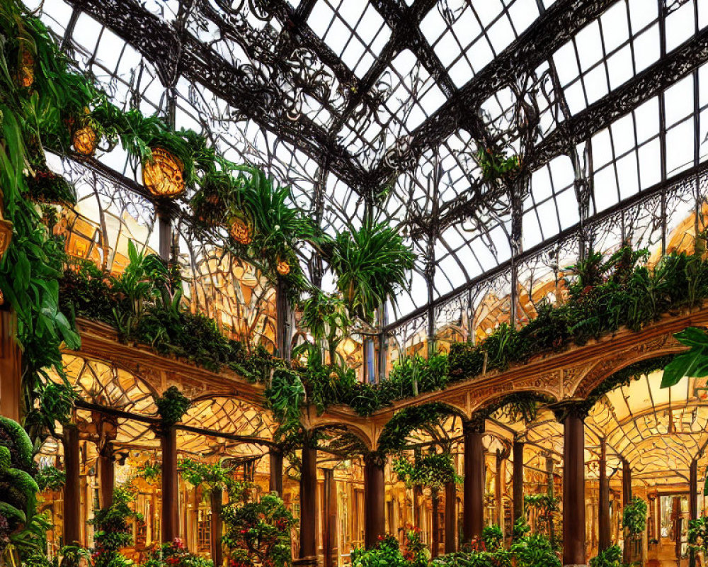 Luxurious Glasshouse with Greenery, Metalwork, Hanging Planters, and Golden Lighting