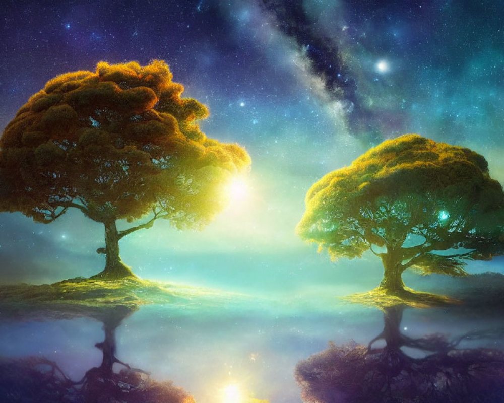 Vibrant trees on floating islands under starry sky with galaxy background