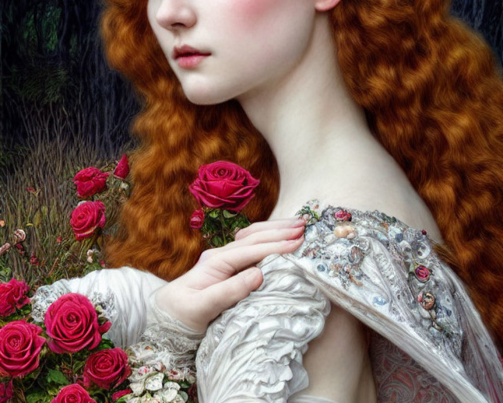 Red-haired woman in white gown with rose crown and bouquet in forest setting