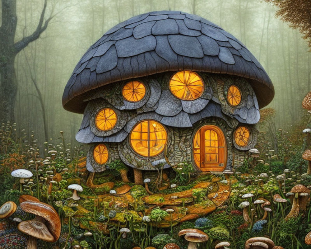 Mushroom-shaped House in Mystical Forest with Lit Windows