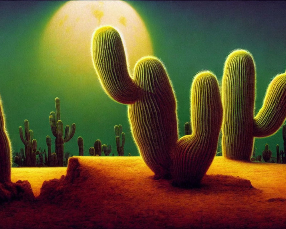 Desert Scene Illustration with Cacti and Green Moon