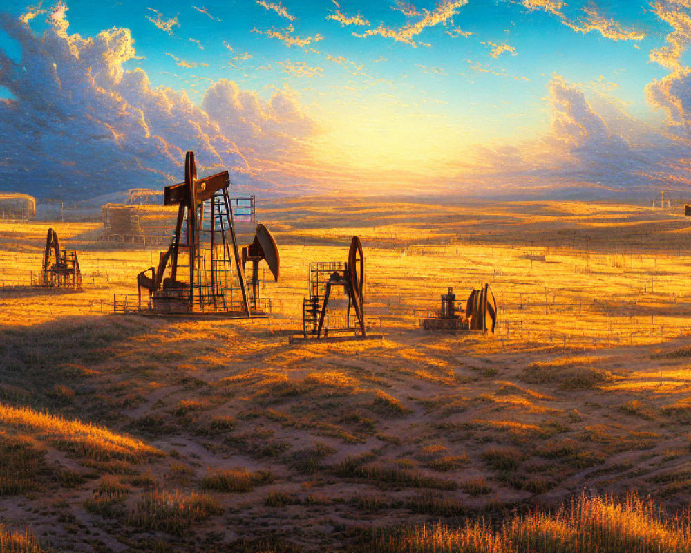 Golden field with multiple oil pumps under scenic sunset sky