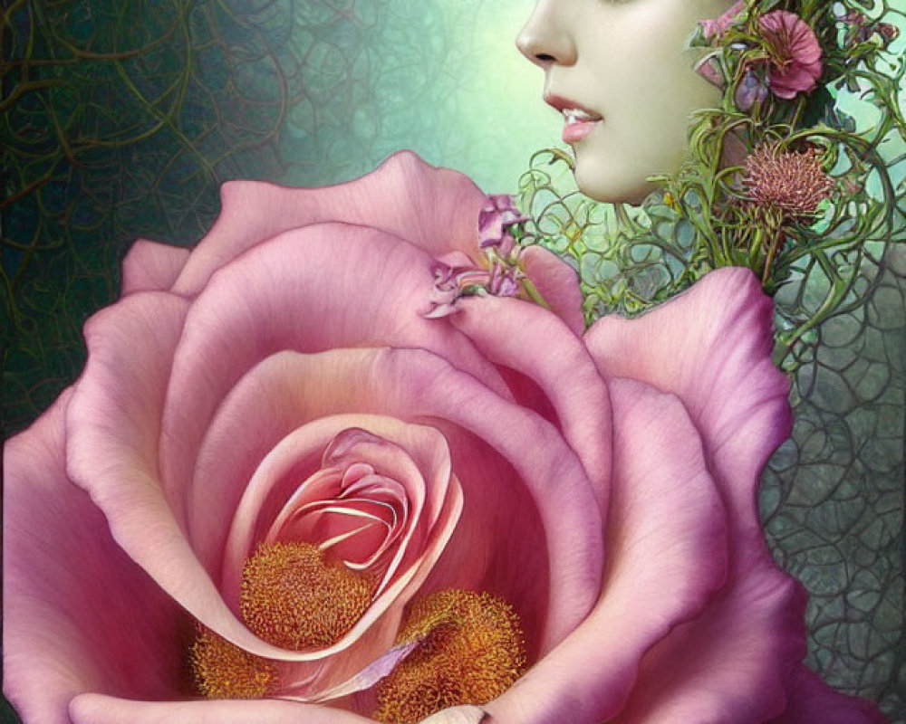 Profile of serene woman in pink rose surrounded by flowers & green background