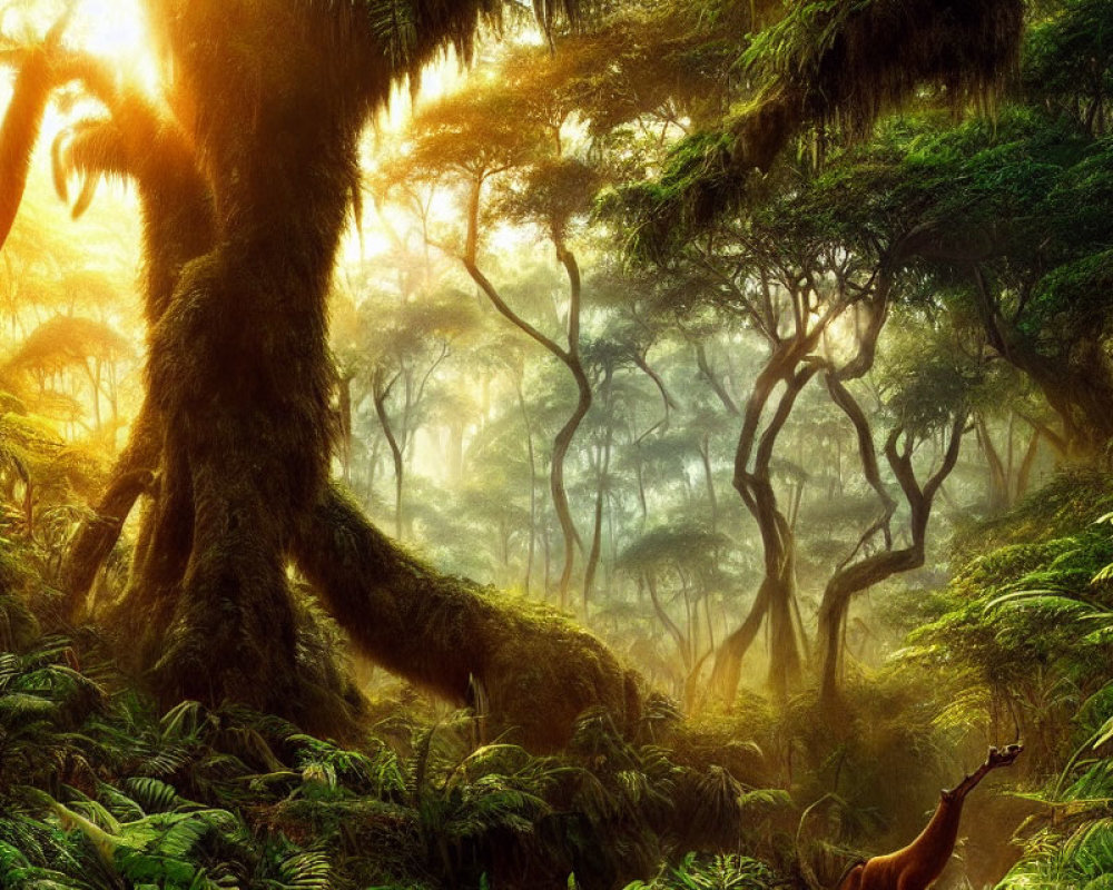 Sunlight filtering through dense green forest with moss-covered trees and lush ferns