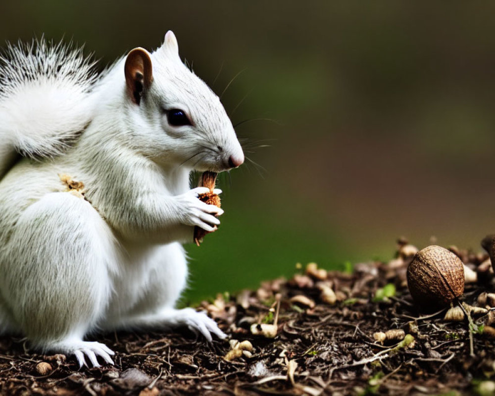 White Squirrel Eating Nut in Forest Setting