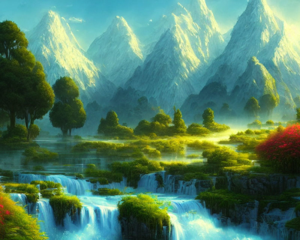 Scenic landscape with waterfalls, river, mountains, and flora at dawn