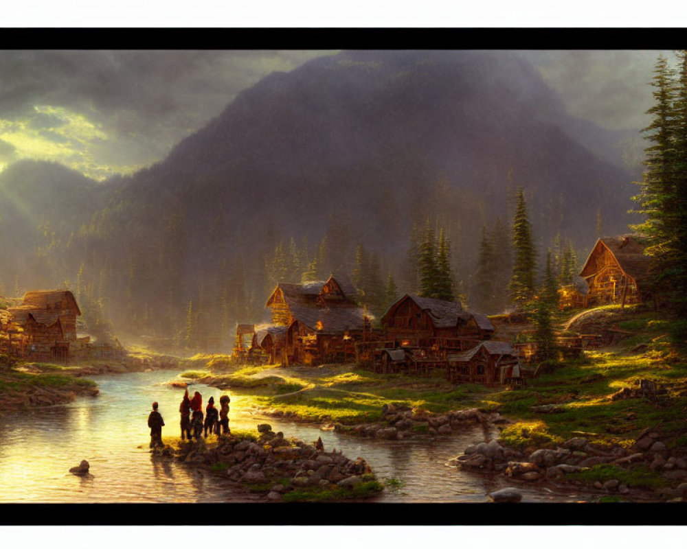 Scenic village by river at sunset with lush forests & misty mountains