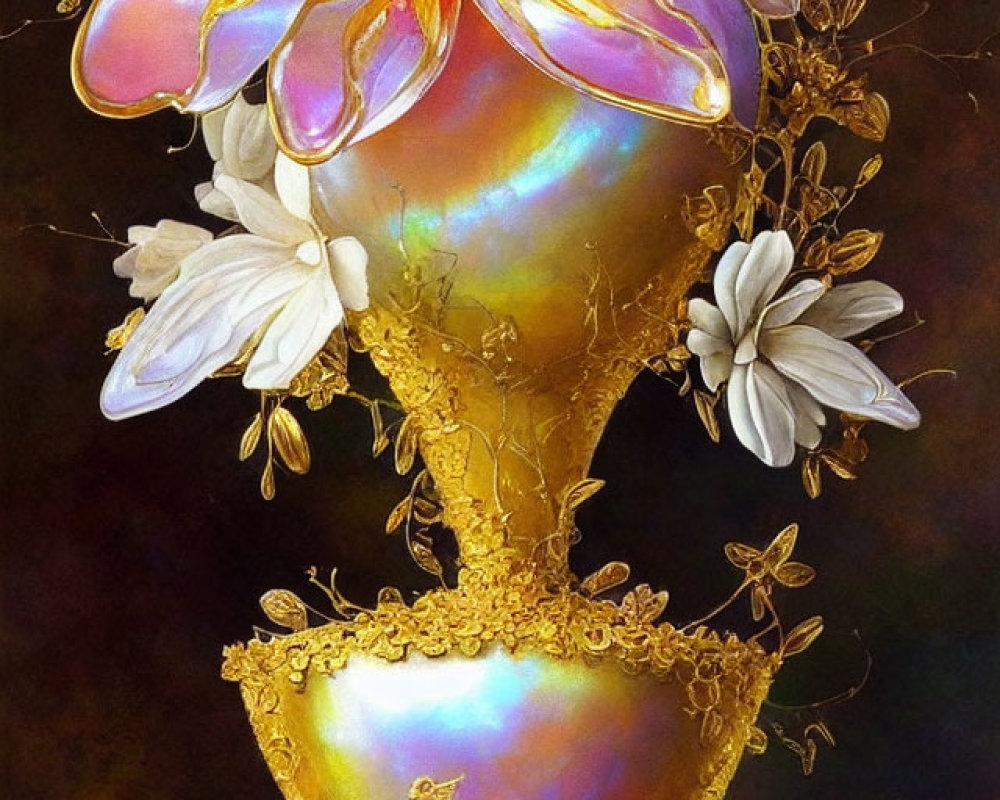 Colorful digital artwork of golden chalice with flowers on dark background