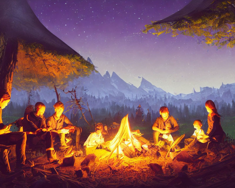 Group of People Around Campfire in Forest Clearing at Night