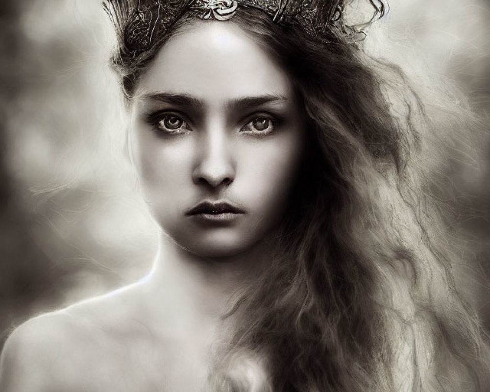 Sepia-Toned Portrait of Woman with Flowing Hair and Decorative Headpiece