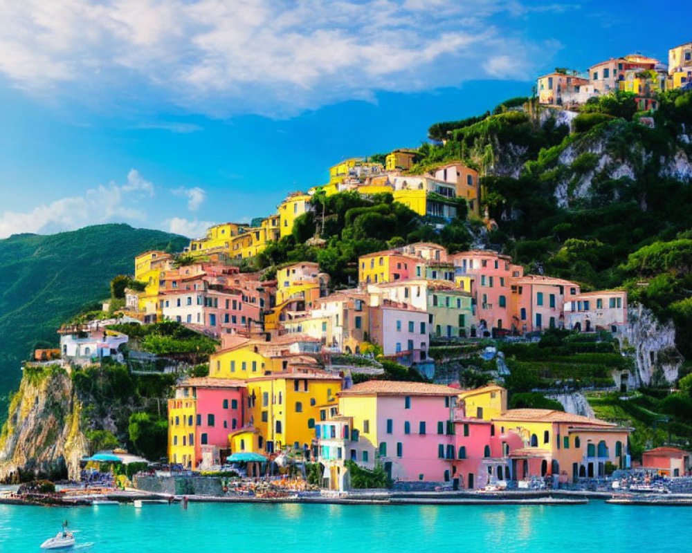 Vibrant hillside houses overlooking blue sea and boats under sunny sky