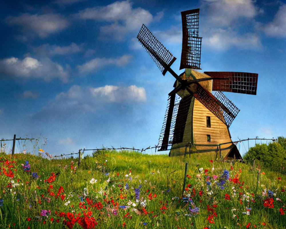 Traditional Windmill on Blooming Hillside with Wildflowers and Blue Sky