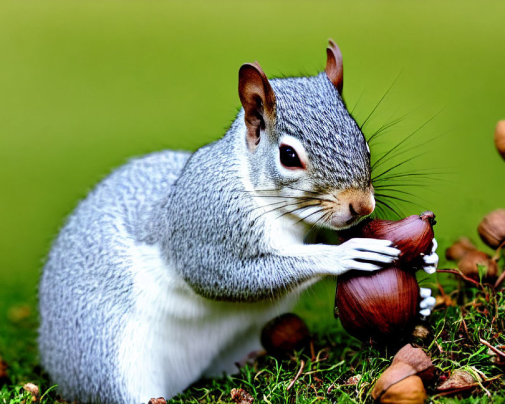 Gray squirrel with chestnut surrounded by nuts on grass