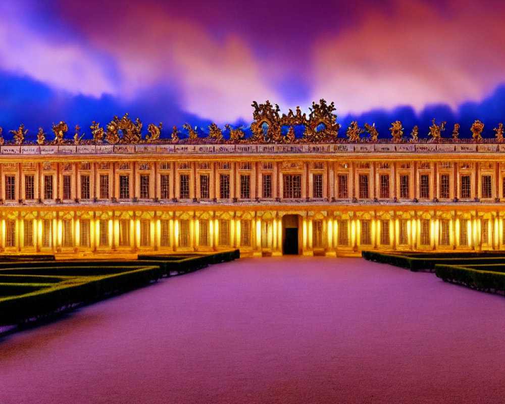 Ornate Building Facade with Statues and Garden Hedges at Dusk