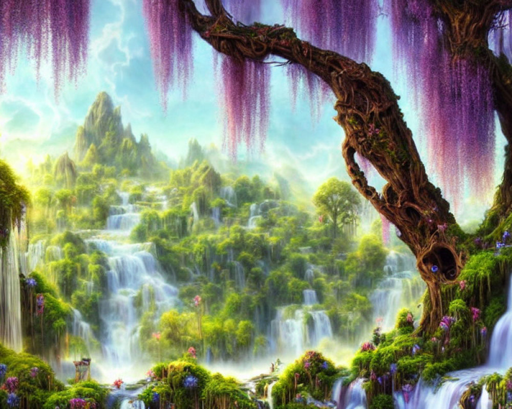 Fantasy landscape with waterfalls, greenery, wisteria, and whimsical tree