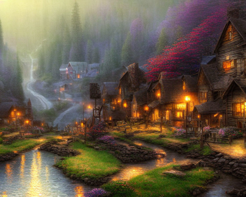 Scenic village with lit cottages by river at dusk