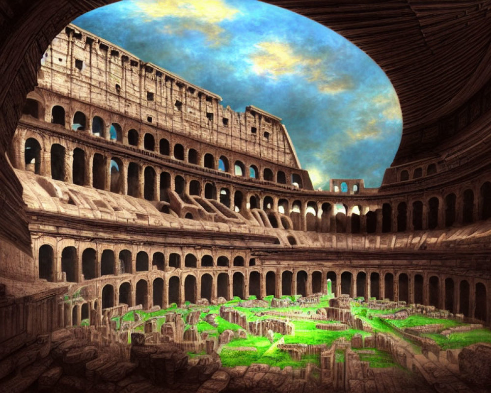 Ancient Roman Colosseum interior with blue skies and green grass, sunlit ruins and grand