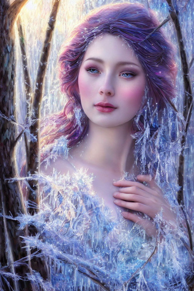 Fantasy digital artwork of female figure with multi-colored hair in frosty, crystal-like setting