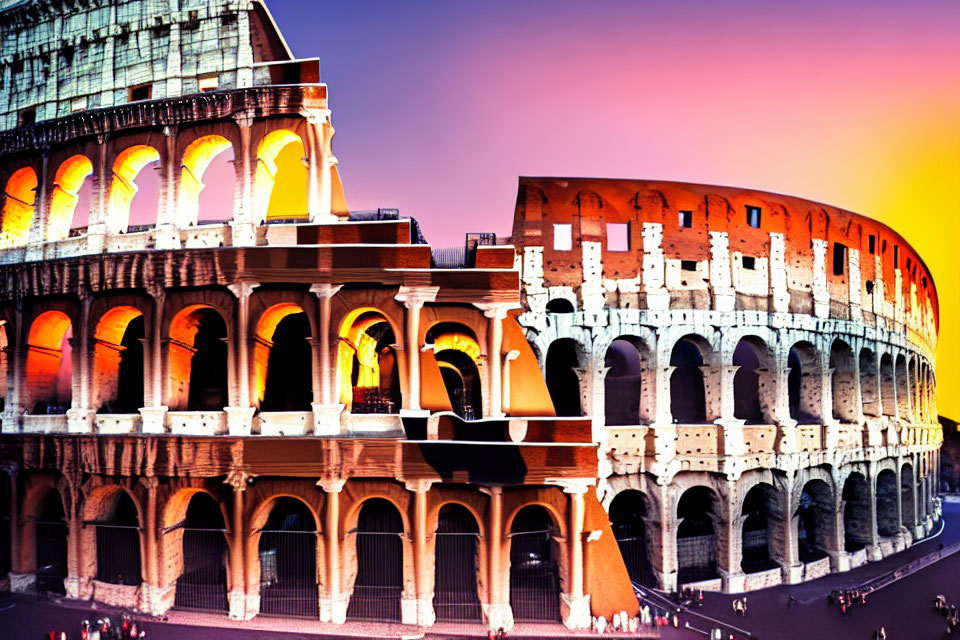 Day to Night Transition of Colosseum in Rome with Ancient Arches