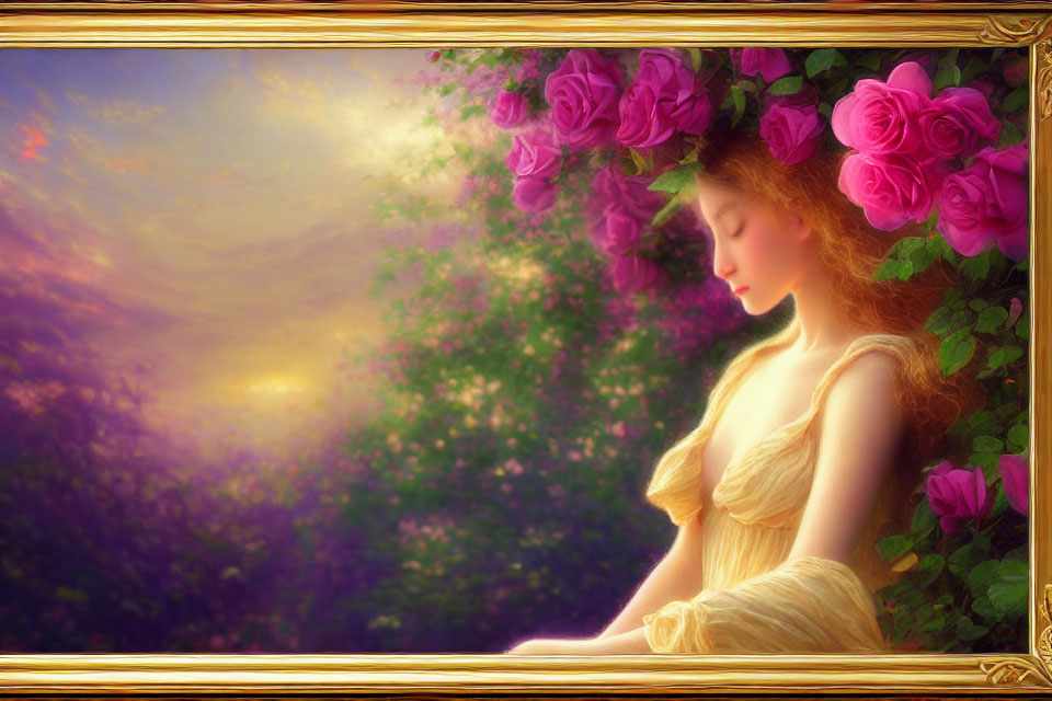 Serene woman in yellow dress with closed eyes under pastel sunset sky