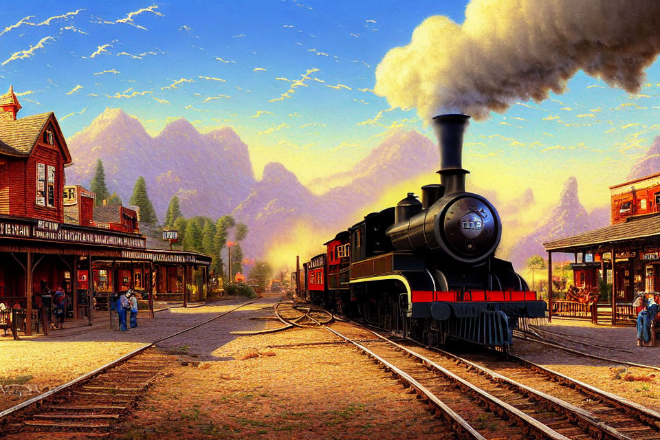 Vintage steam locomotive at bustling station with mountain backdrop