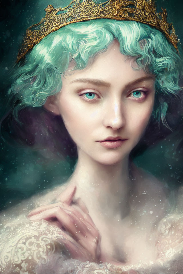 Ethereal woman with mint-green hair and heterochromatic eyes portrait.