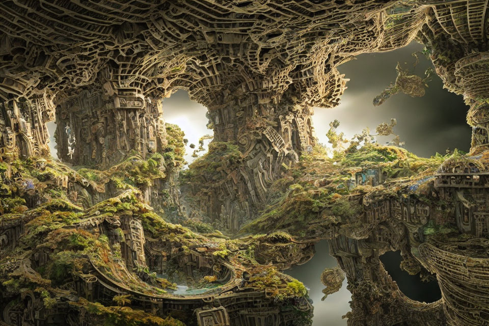 Fantasy landscape with organic structures and floating islands under soft-lit sky