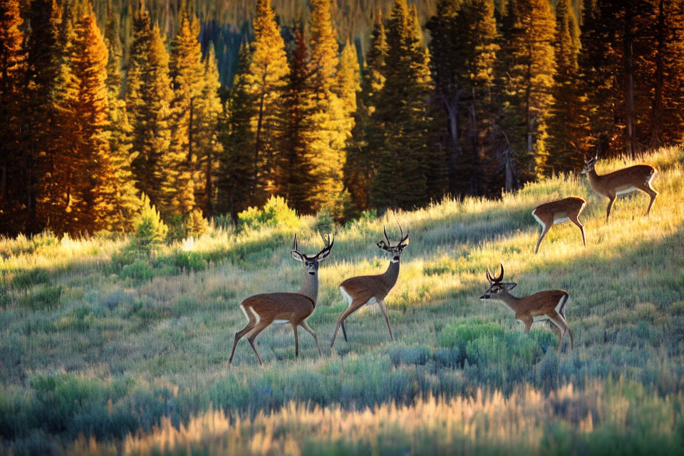 Deer Grazing in Meadow at Sunset with Pine Trees