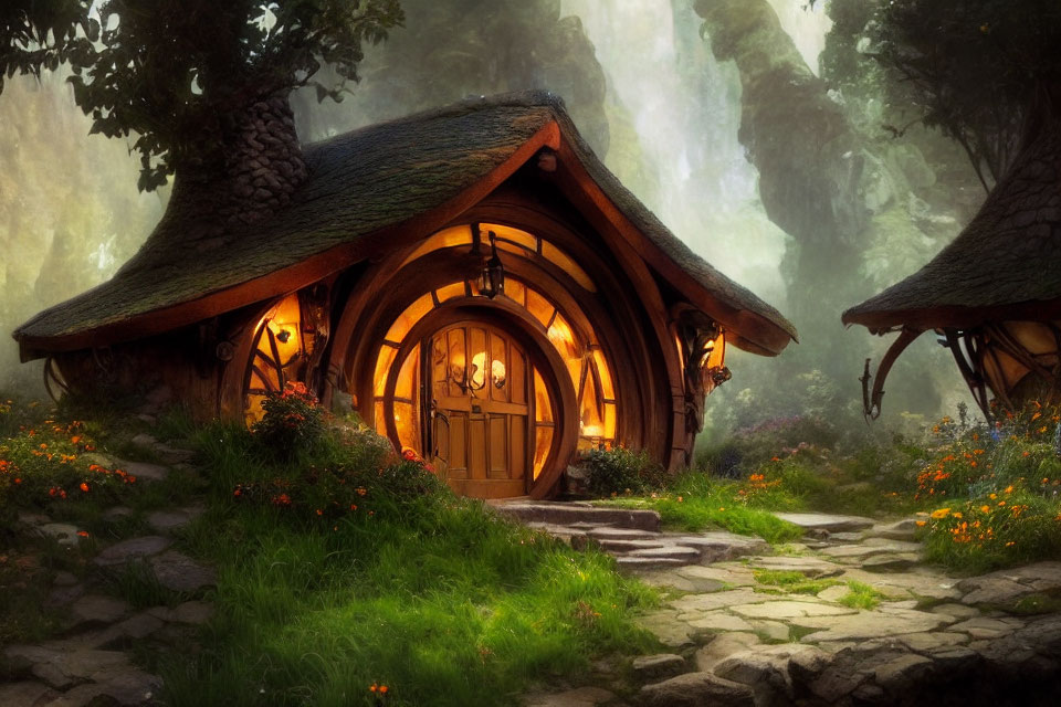 Enchanting Cottage with Round Door in Mystical Forest Glade