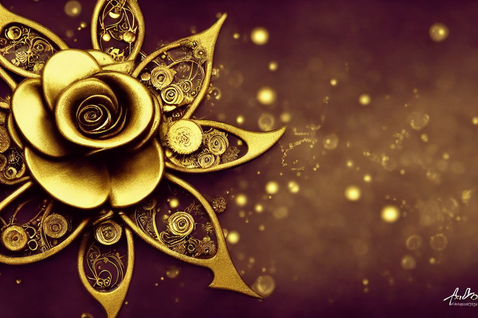 Intricate Golden Floral Design on Sparkling Purple Background