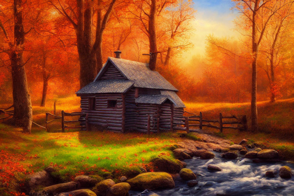 Rustic log cabin in autumn forest near babbling brook