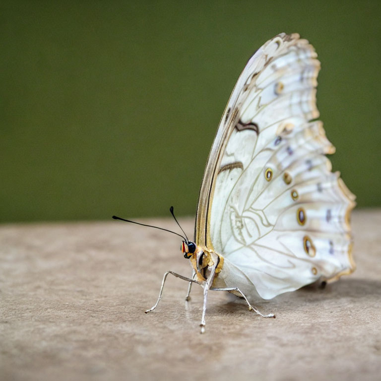 White Butterfly with Brown and Lilac Wing Patterns Perched on Green Surface