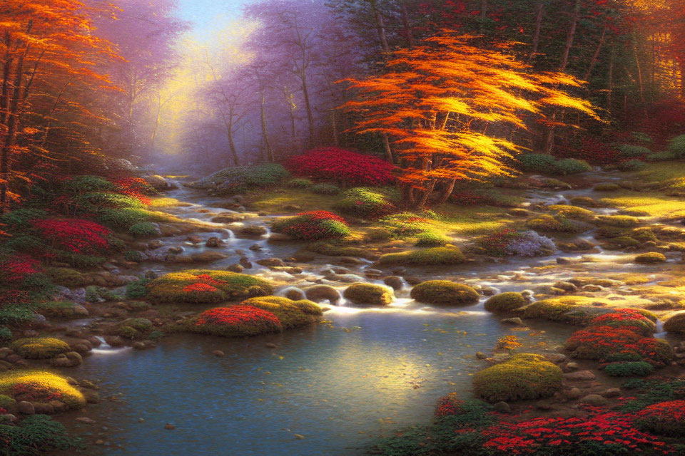 Tranquil autumn forest stream with vibrant foliage