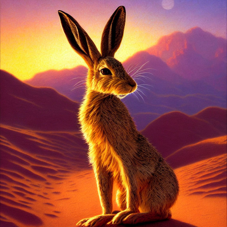 Hare in desert landscape under warm sunset sky