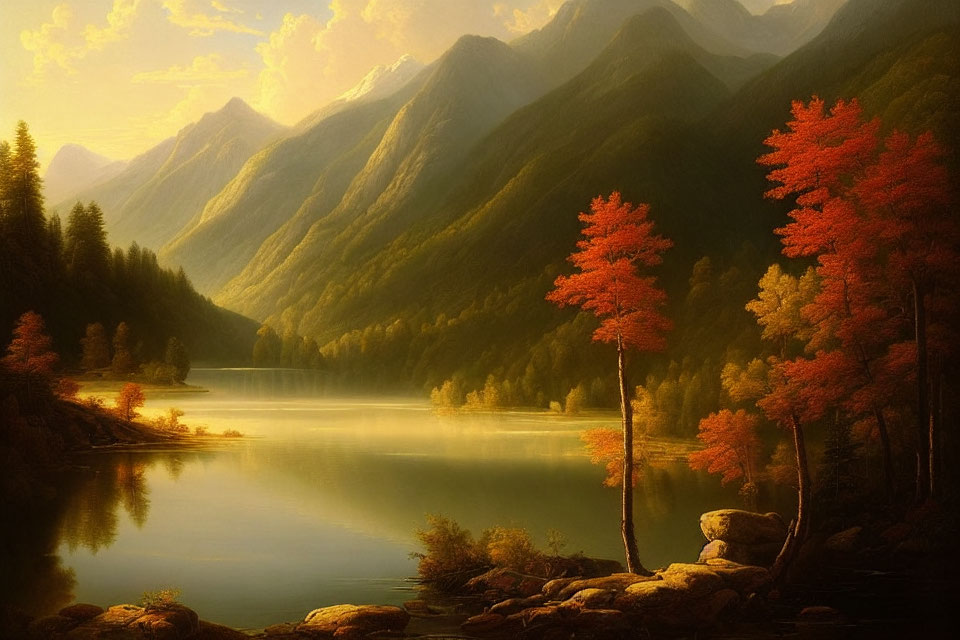 Tranquil sunset over colorful autumn lake forest