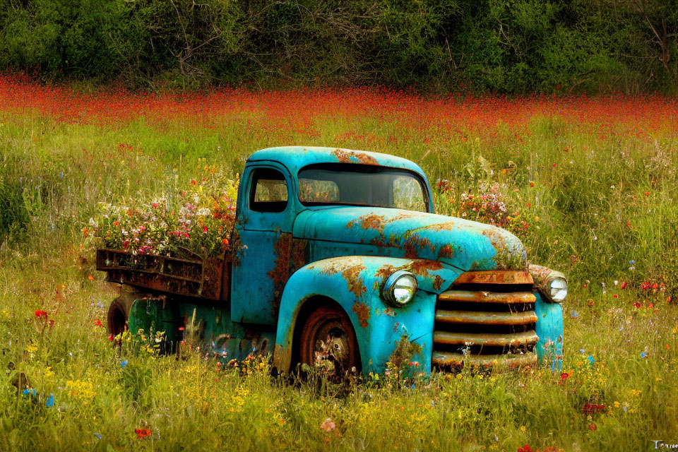 Rusty blue truck surrounded by wildflowers in vibrant meadow