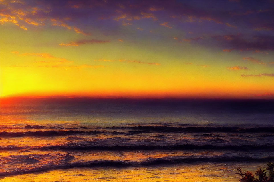 Colorful Ocean Sunset with Yellow to Purple Sky and Dark Foliage