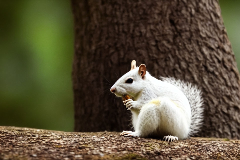 White squirrel with dark eyes eating on tree base in green background