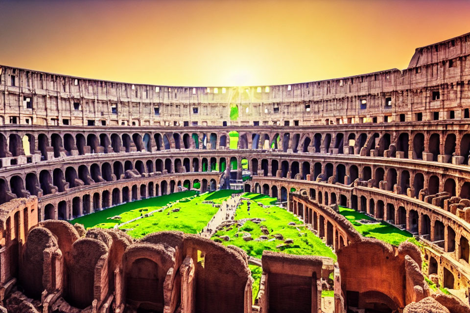 Ancient Roman Colosseum interior arches and central arena remnants at sunset