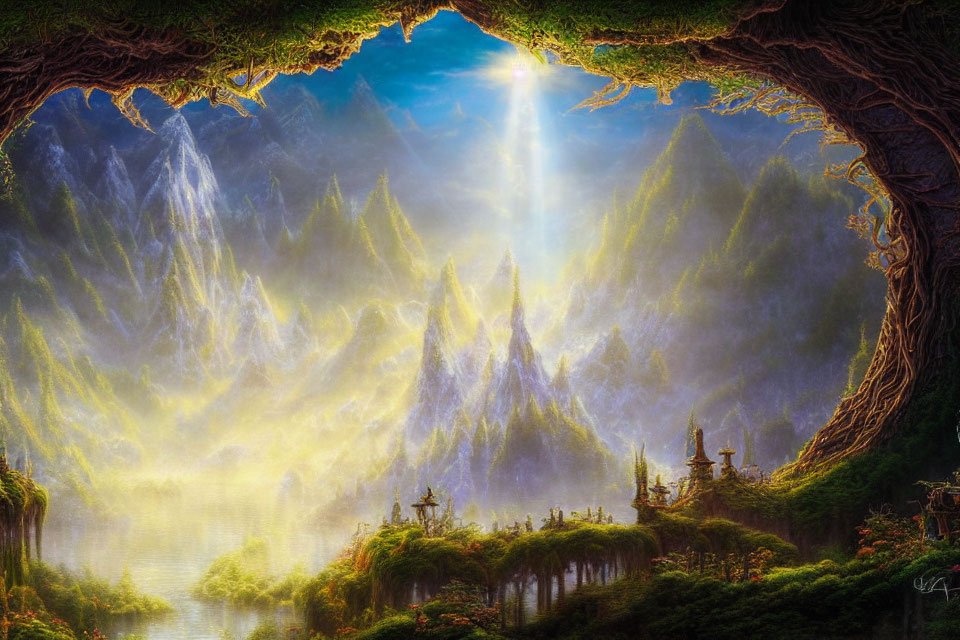 Ethereal fantasy landscape with sunbeams, mist, forests, mountains, and tree-root arch