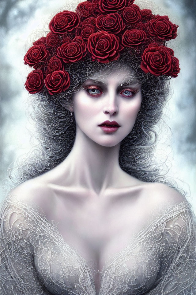 Portrait of woman with pale skin, red eyes, and rose crown on cloudy backdrop