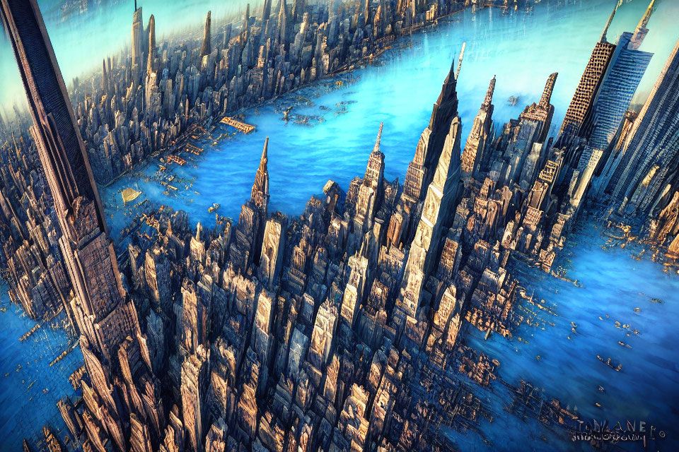 Underwater futuristic cityscape with towering skyscrapers.