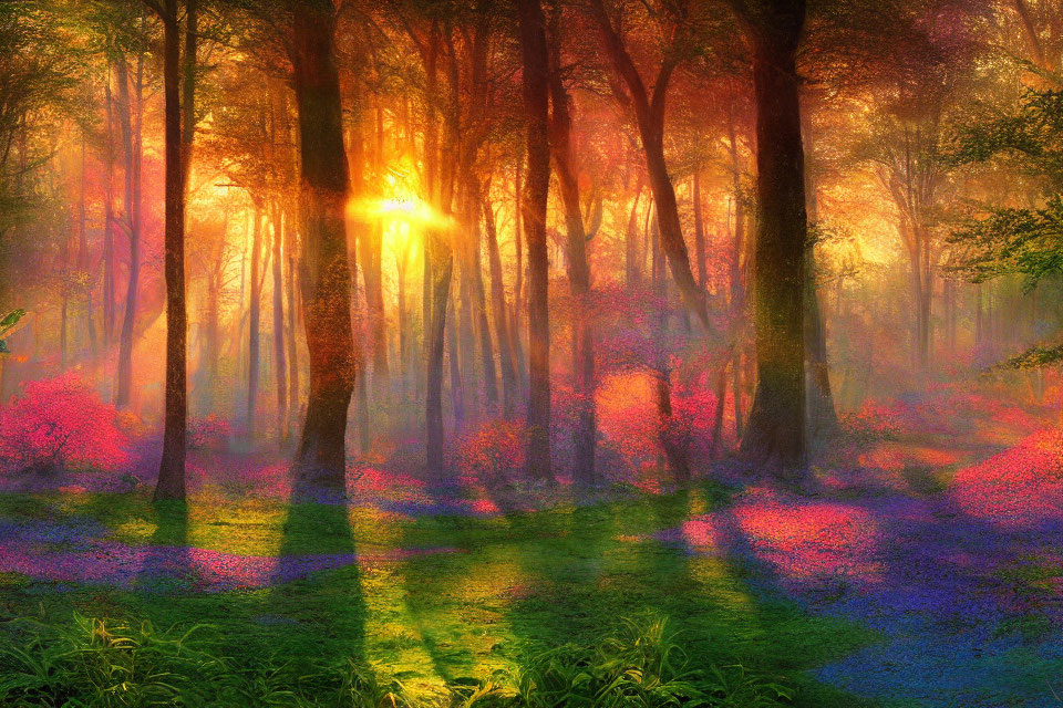 Vibrant forest with pink and purple wildflowers under sunbeams