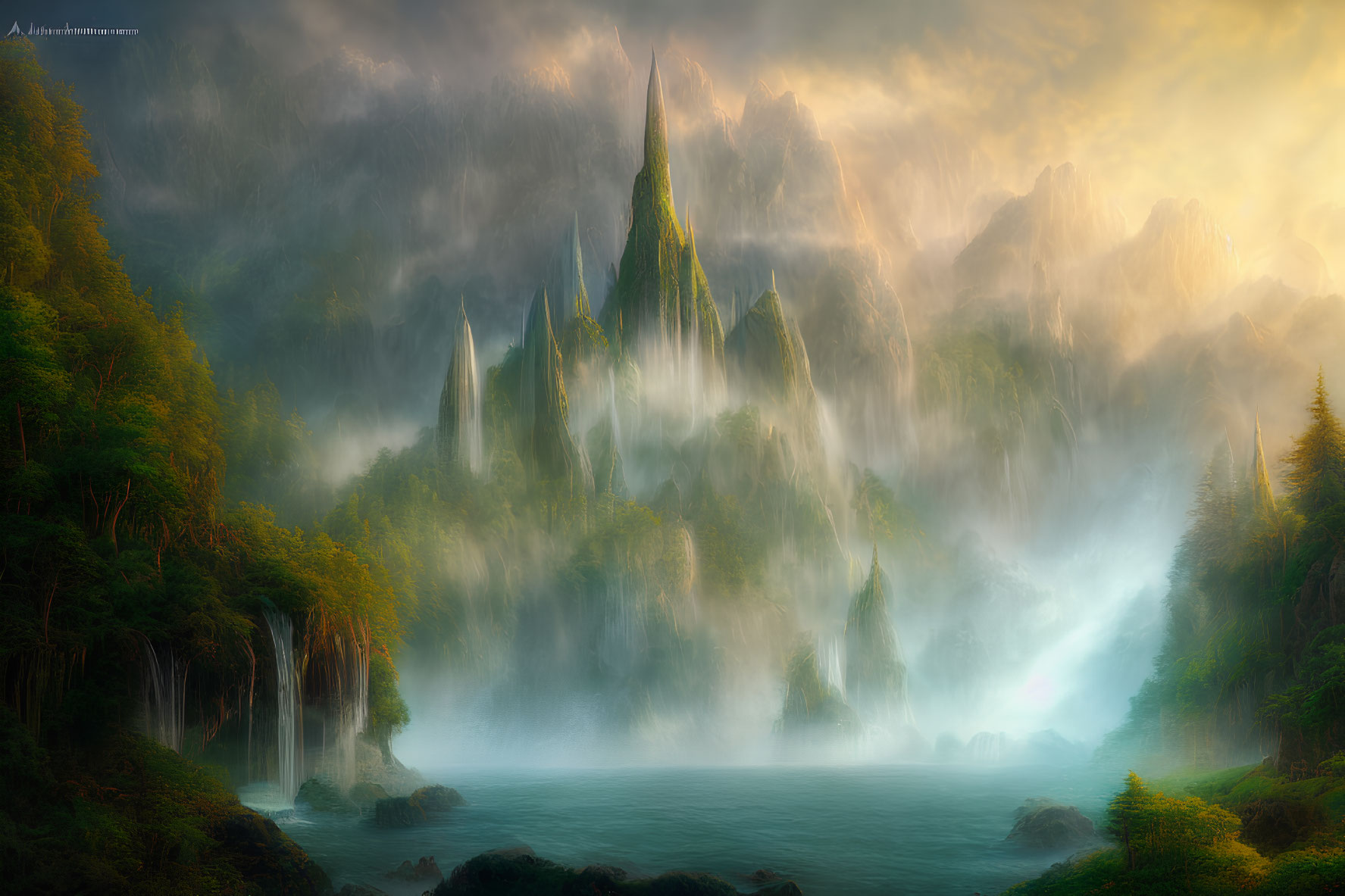 Mystical landscape with soaring peaks, misty forests, waterfalls, and serene lake