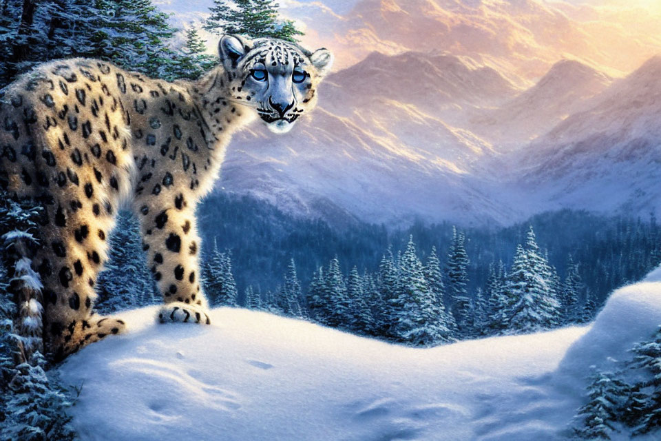 Snow leopard in snowy habitat with mountains and pine forests