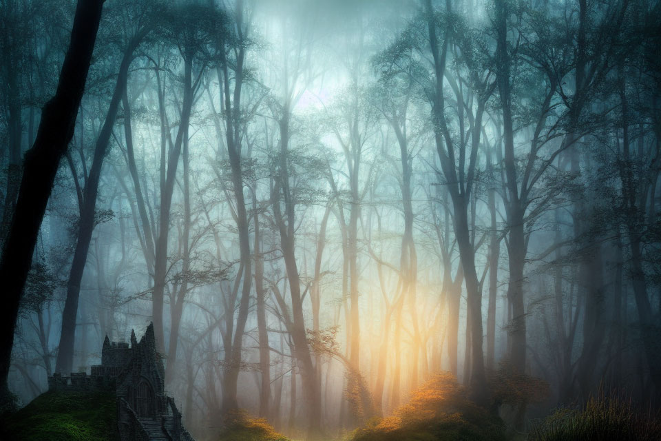 Mystical forest with fog, sunbeams, ancient stone staircase