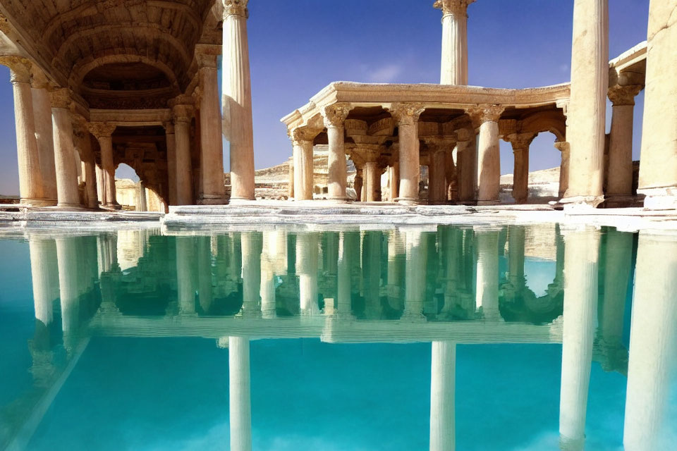 Ancient Roman columns and arches reflected in pool under clear blue sky