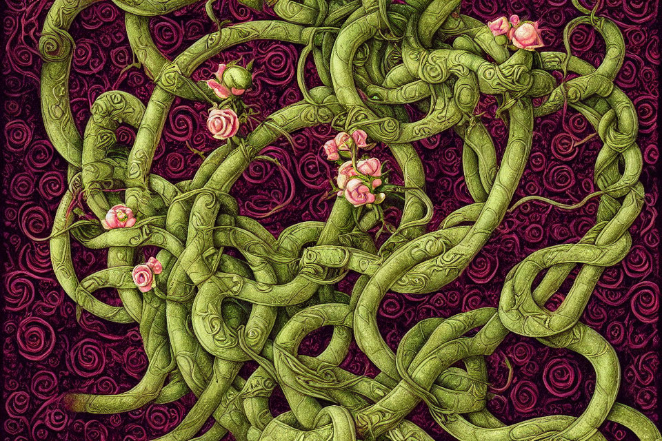 Detailed green vine and pink flower illustration on textured dark background.