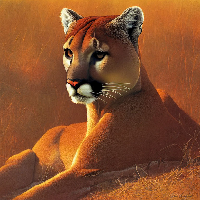 Mountain Lion with Human-Like Facial Features in Warm Sunset Background